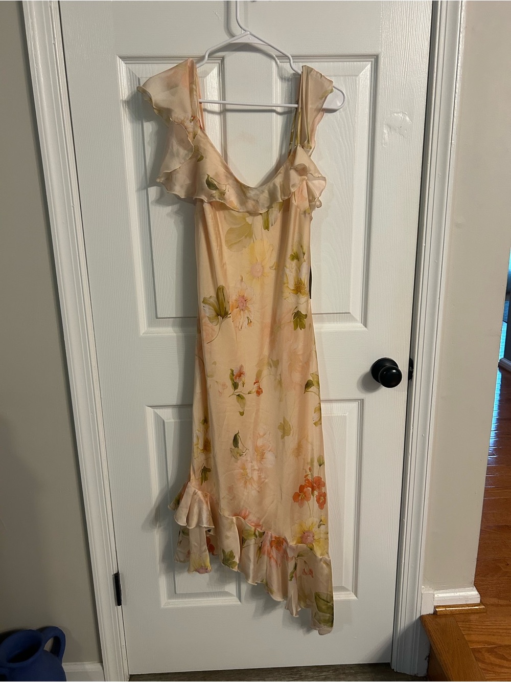 Anthropologie Peach Floral Asymmetrical Ruffle Slip Dress